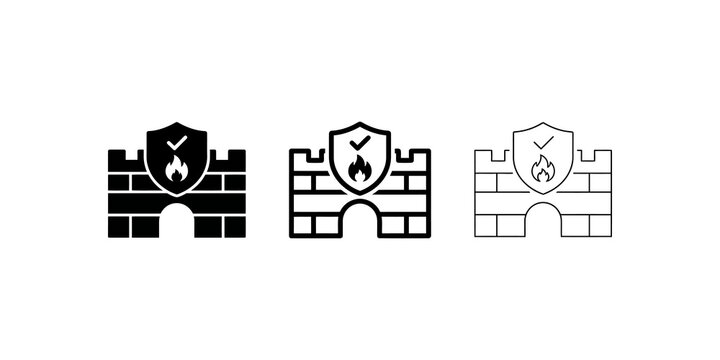 Firewall security shield icons with stone wall and flame design motifs.