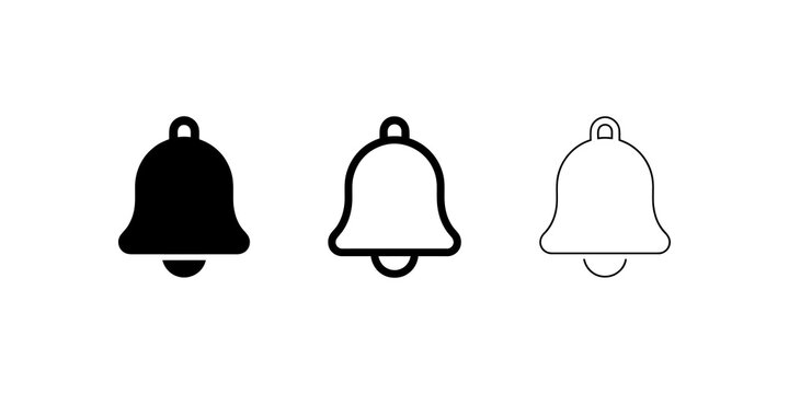 Minimalist notification bell vector icons set in three stroke styles.