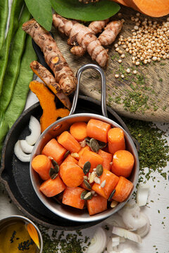 Fresh vegetables, fruits, beans and nuts. Food cooking background.
