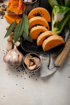Fresh vegetables, fruits, beans and nuts. Food cooking background.