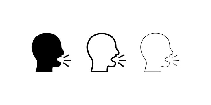 Speaking man head silhouette icon set in three vector graphic styles.
