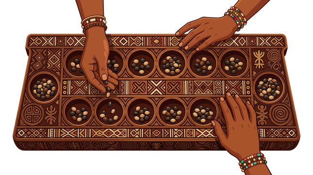 Hands playing traditional African mancala board game
