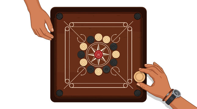 Hands playing traditional wooden carrom board game