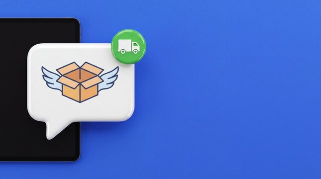 3D smartphone icon showing a chat bubble with a flying delivery box