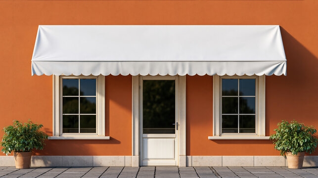 Charming small neighborhood storefront with plain white awning, orange facade, glass door, windows, and potted plants