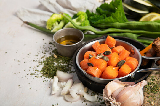 Fresh vegetables, fruits, beans and nuts. Food cooking background.