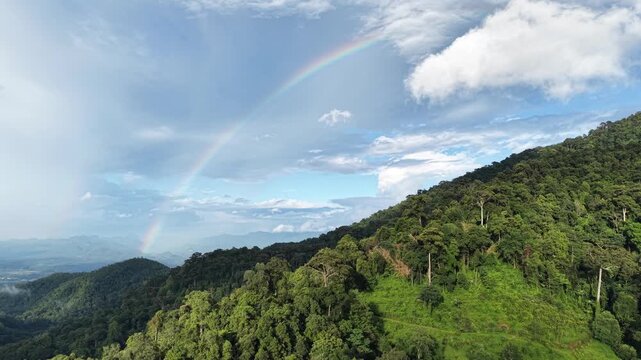 Aerial view from drone of the rainbow over the forest and mountain