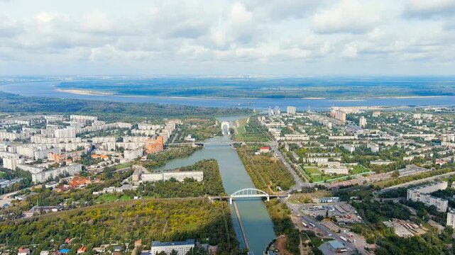 Volgograd, Russia. Krasnoarmeisky district. Volga-Don Canal. Drone footage