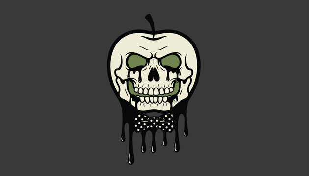 Poisoned skull apple horror illustration with black paint dripping down and wearing polka dot bowtie.
