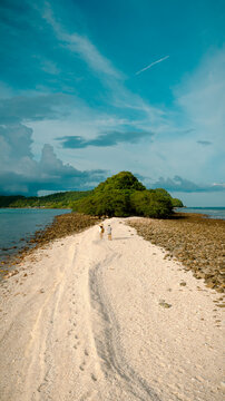 The couple traveler are working in the mid-ground of the sea summer on isolation island, tropical island traveling together