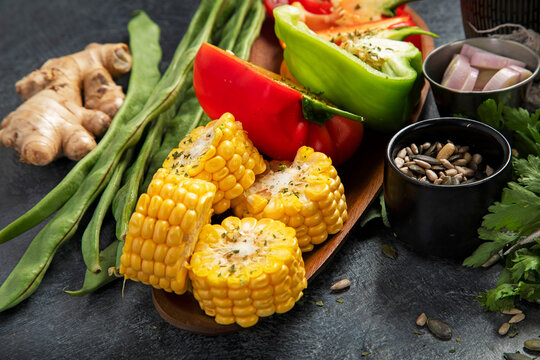 Assortment of colorful fresh vegetables for cooking.