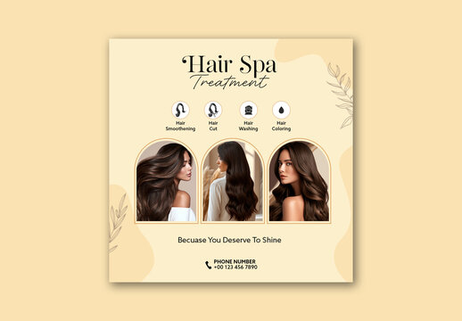 Editable Hair Spa Treatment Salon Promotion Social Media Post Template in Beige Color.