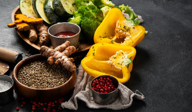 Assortment of colorful fresh vegetables for cooking.