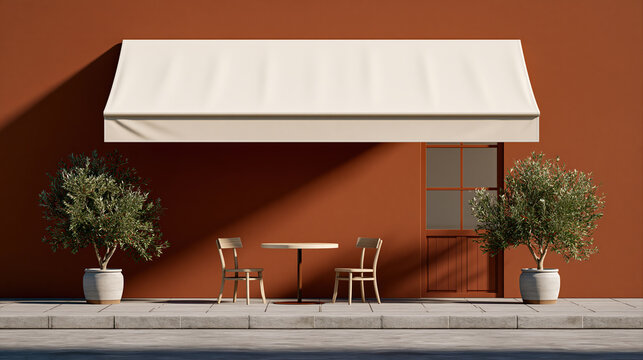 Cozy restaurant storefront with ivory awning, olive tree, outdoor table and chair