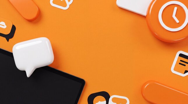 3D render of tablet and clock icon against orange background with hourglass