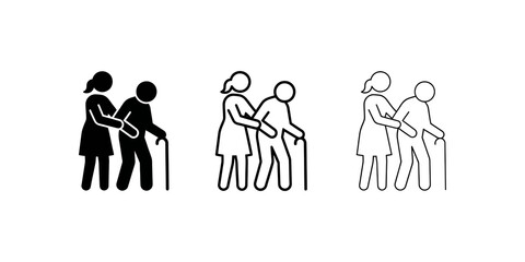 Elderly care assistance icon set featuring nurse helping senior person. ©  شفافة خلفية
