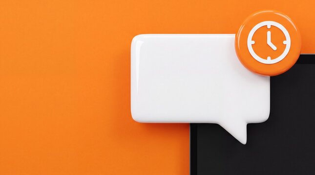 3D chat bubble icon with clock symbol on laptop over orange background