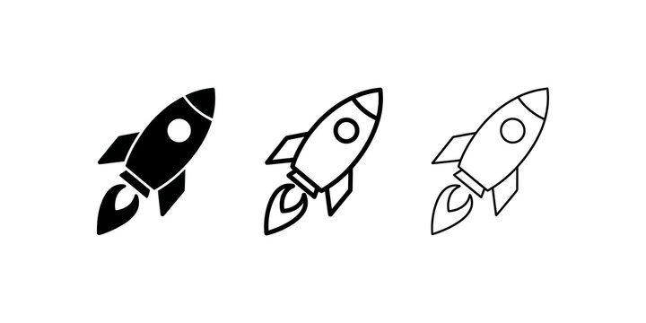 Rocket launch startup icon set black white for business growth web.