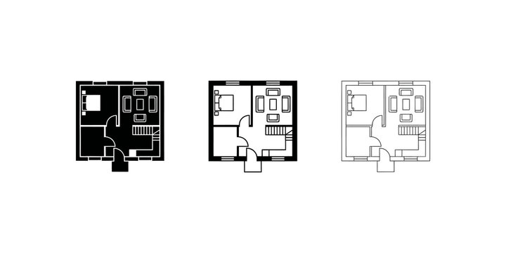 Residential floor plan house layout icons for interior design projects.