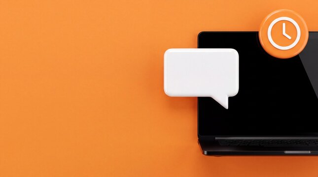 3D chat bubble and clock icon on laptop over bright orange background