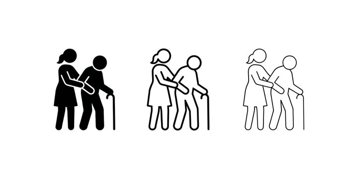 Elderly care assistance icon set featuring nurse helping senior person.