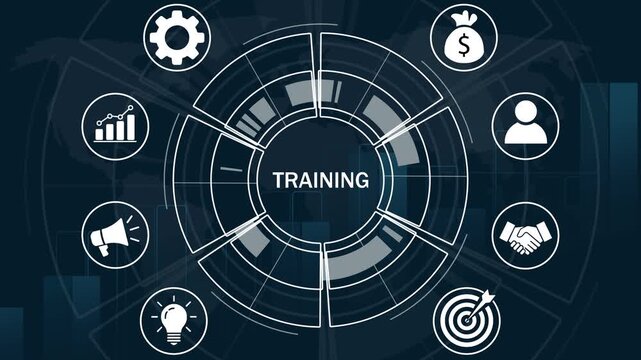 Corporate training concept infographic with animated digital interface global business strategy financial growth charts, and networking symbols for modern educational presentations