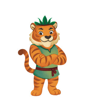 Cartoon tiger character wearing green tunic and leaf crown standing with arms crossed isolated