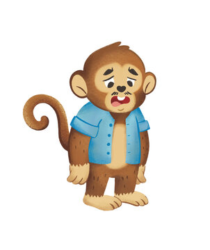 Sad cartoon monkey wearing blue shirt looking worried and upset character illustration