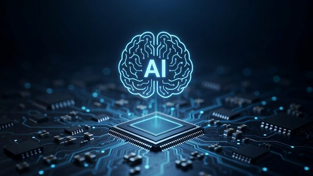 Artificial intelligence digital brain logo glowing blue circuits integrated on motherboard chip processor for advanced machine learning data processing technology.