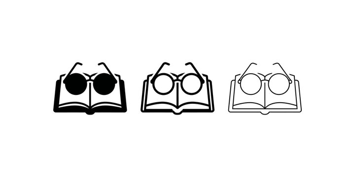 Open book with glasses icons for reading and education resources.