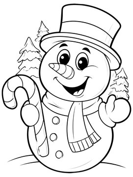 Cute Christmas Snowman with Candy Cane and Top Hat Coloring Page