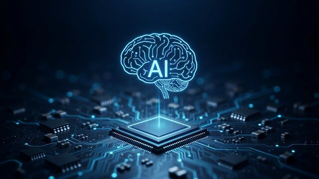 Neon glowing brain icon floating above integrated computer processor chip representing advanced artificial intelligence concepts for futuristic software research systems.