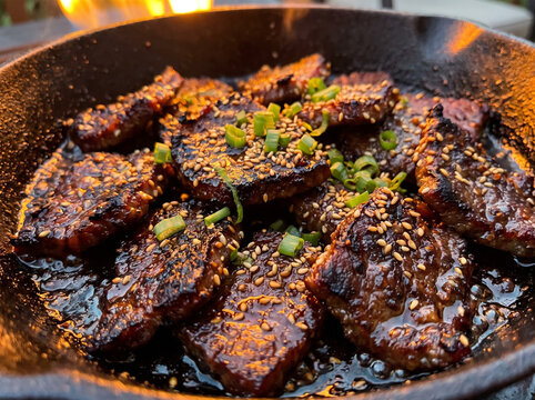 Sizzling Korean marinated beef bulgogi galbi ribs topped with sesame seeds in cast iron skillet