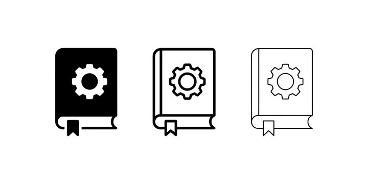 Gear book manual set black outline flat icons for technical guidance data.