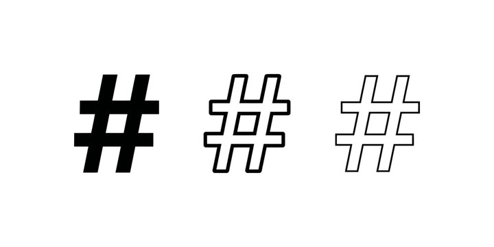 Black hashtag grid vector icons in solid line and outline designs.