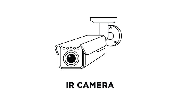 Line art illustration of an infrared security surveillance camera with mounting bracket isolated on white background.