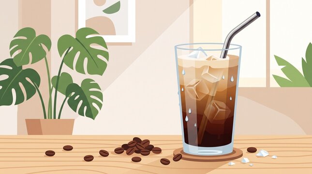 Aesthetic Iced Coffee with Ice Cubes and Condensation, refreshing layered cold brew drink presented in modern flat vector illustration