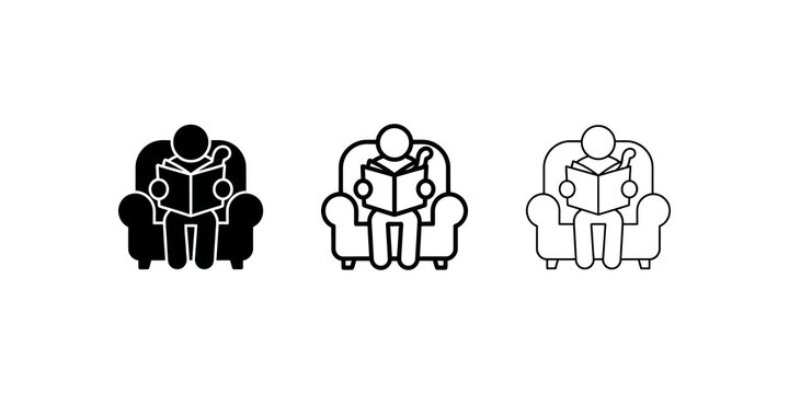 Person reading book on armchair vector icon set for hobby UI designs.