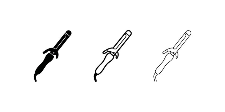 Hair curling iron icon set in black silhouette and stroke line styles.