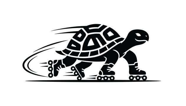 Fun black and white vector illustration of a fast, competitive cartoon turtle speed skating on rollerblades with motion lines.