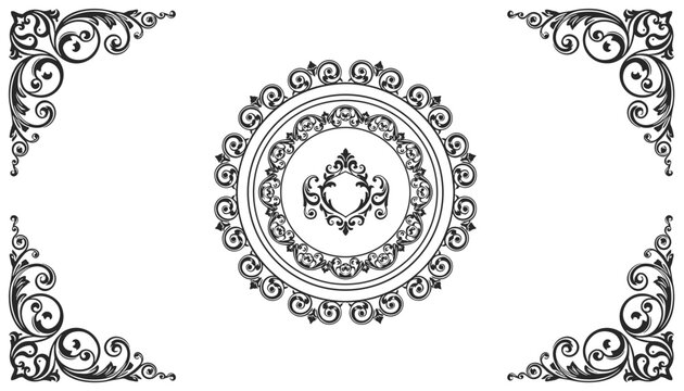 Ornate baroque-style circular frame with matching corner scrollwork elements in a classic black and white vector design.