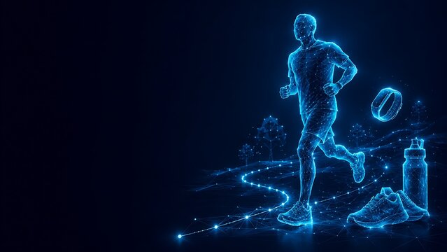 Futuristic glowing blue digital wireframe runner jogging on a path representing fitness and sports. healthy lifestyle with exercise training wireframe hologram. healthy lifestyle