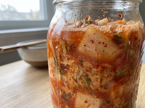 Fermenting homemade Korean Napa cabbage kimchi in glass jar with spicy red chili gochugaru paste