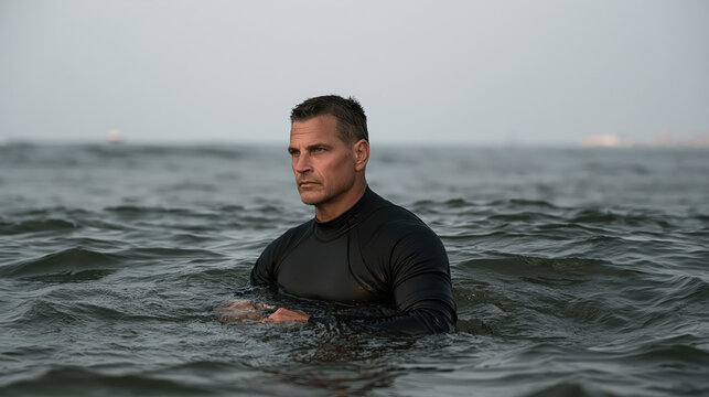 Senior male surfer in black wetsuit standing in calm ocean water with focused expression and overcast coastal horizon