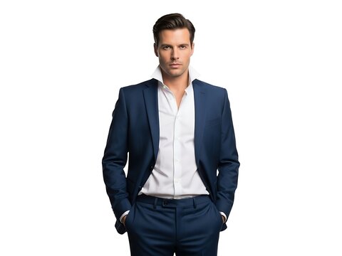 A handsome man wearing a formal blue suit against a clean white background