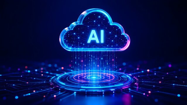 Artificial intelligence cloud computing concept with glowing digital AI text inside cloud icon and futuristic data stream network