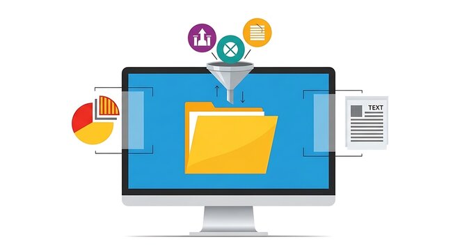 Data filtration and digital file management process illustration showing a computer monitor with a funnel sorting information into folders with charts and document icons for professional analysis
