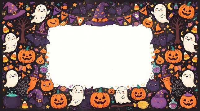 Festive halloween border frame featuring cute ghosts and carved pumpkins on a dark purple starry background