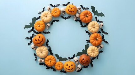 Fototapeta premium A festive halloween wreath made of small decorative pumpkins and black bats on a light blue background