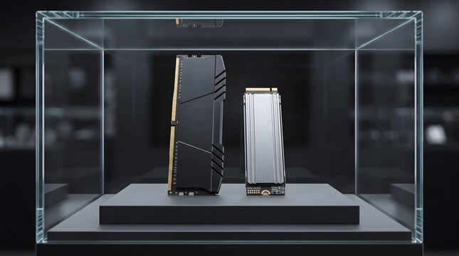 Computer RAM and SSD storage modules displayed inside a glass showcase cabinet.
